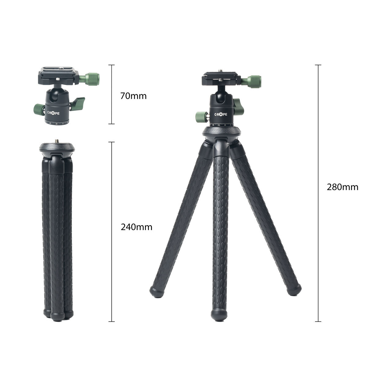 Czarny i zielony statyw z oznaczonymi wymiarami. Statyw znajduje się na białym tle.