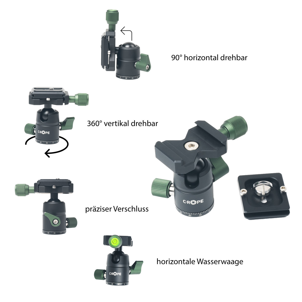 Głowica statywu z zielonymi akcentami. Pokazuje obrót 360° i 90°. Zawiera poziomicę.