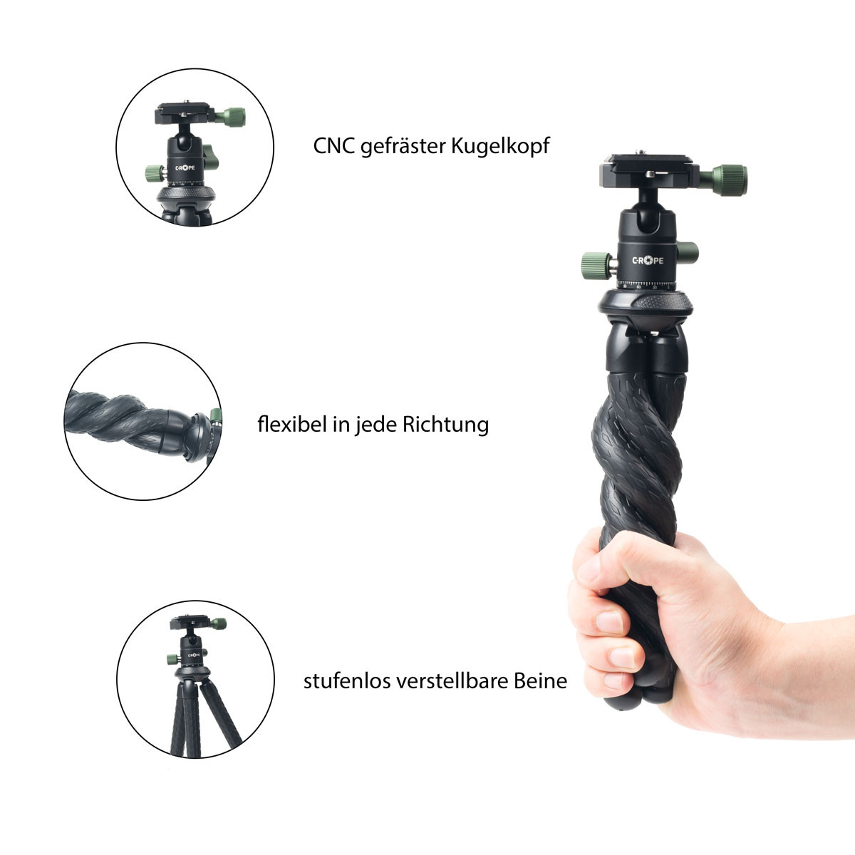 Elastyczny statyw trzymany w dłoni. Tekst: frezowana głowica kulowa CNC, regulowane nogi.