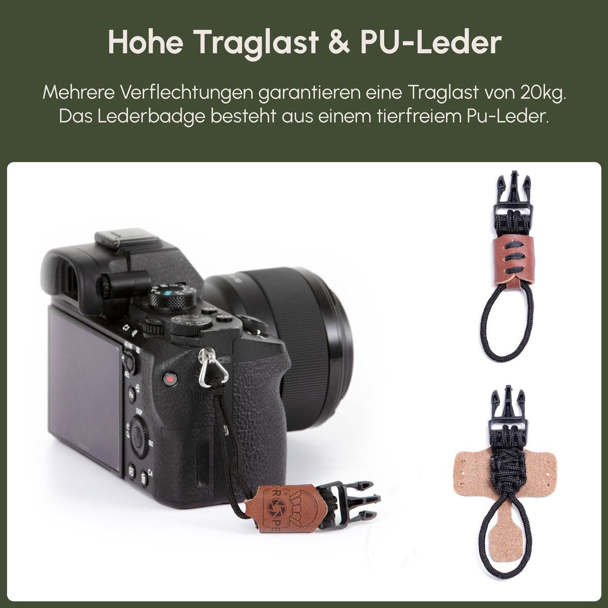 Schwarze Kamera mit Riemen, kleinem braunen Lederanhänger und zusätzlichem Riemendetail.