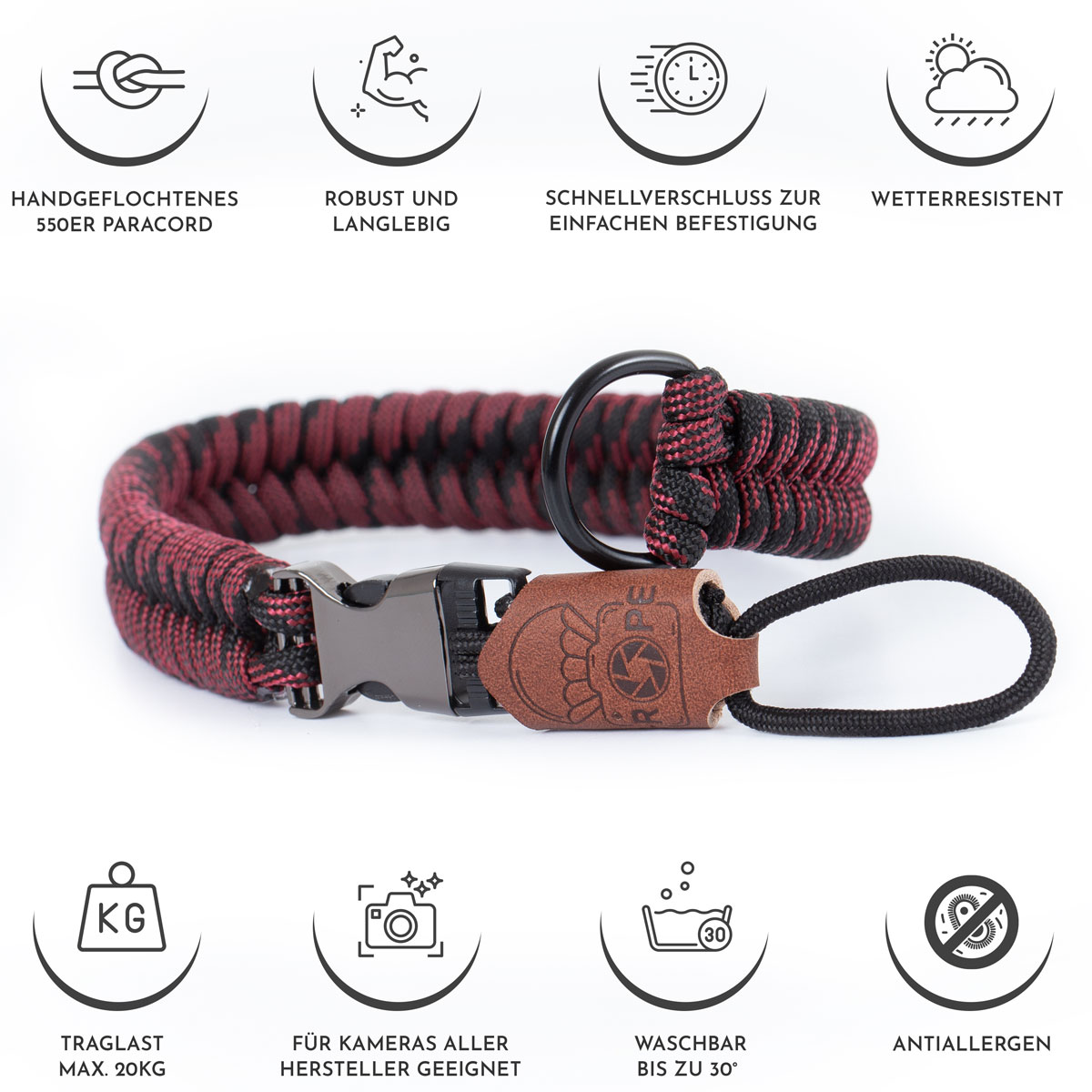 Ein schwarz-rotes geflochtenes Paracord mit Verschluss. Es hat Symbole für wasserdicht und stark.