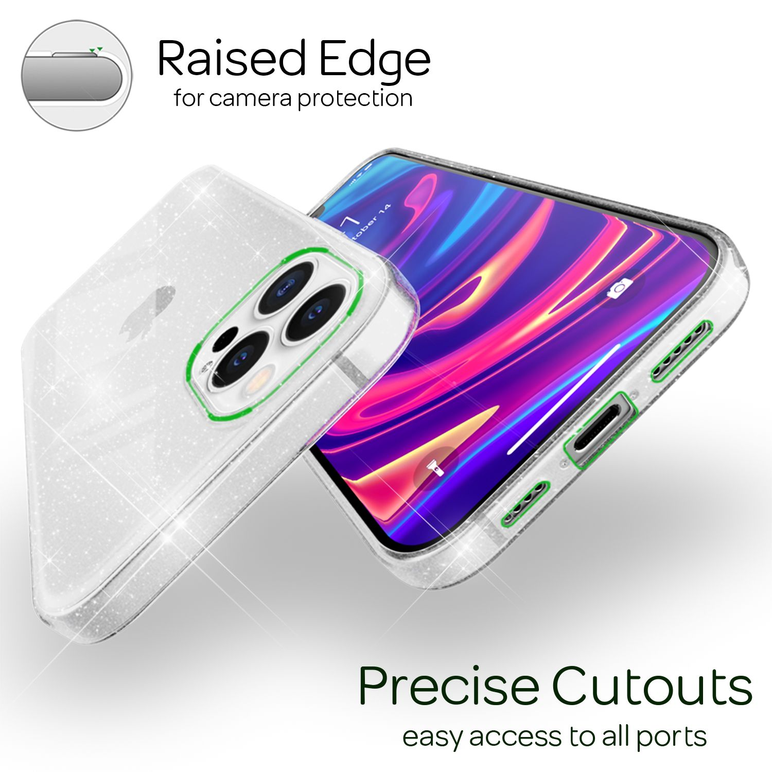 Funda de teléfono con teléfono, cubierta trasera transparente y texto 'Raised Edge'.