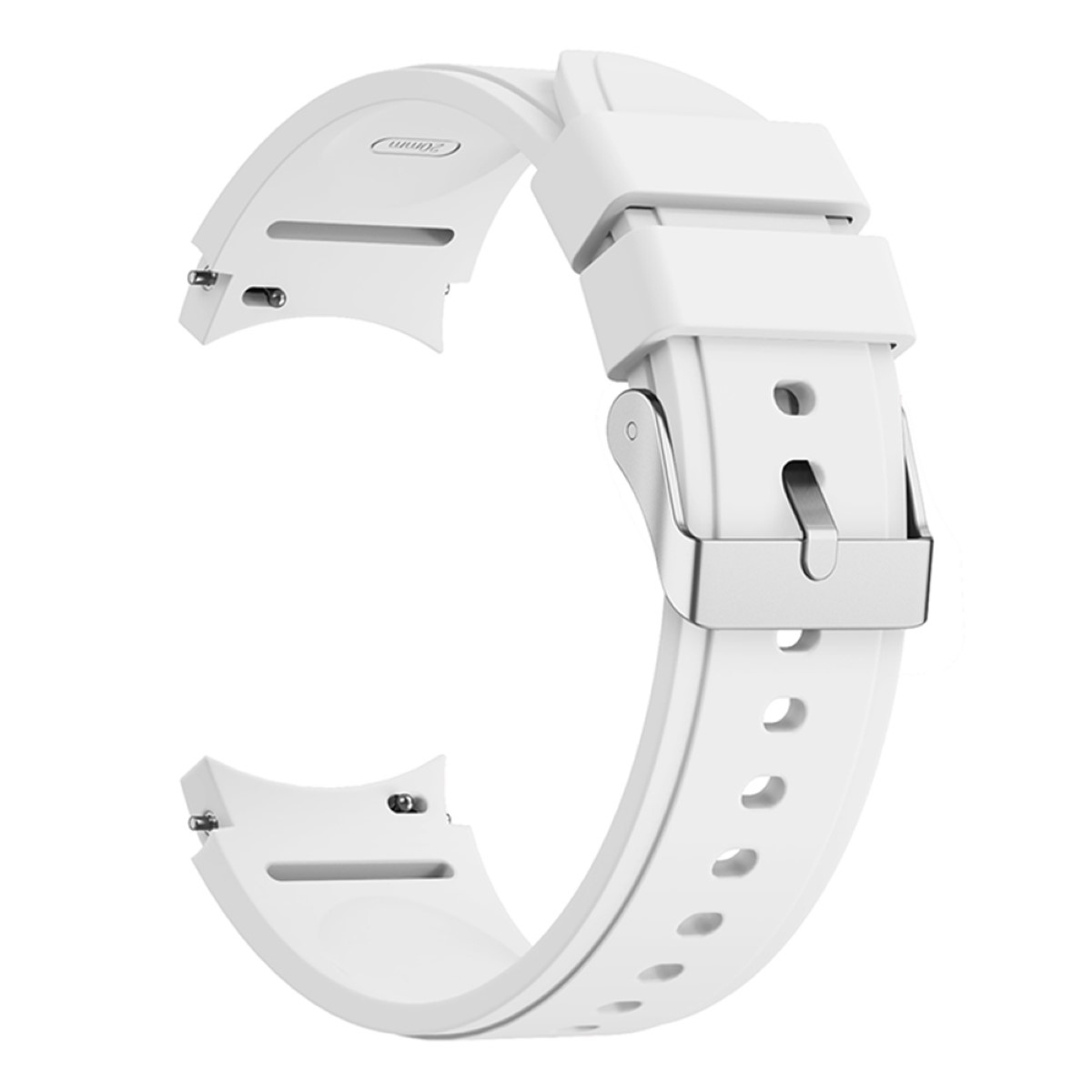 Weißes Uhrenarmband mit silberner Schließe, auf weißem Hintergrund, mit 20mm Markierung.