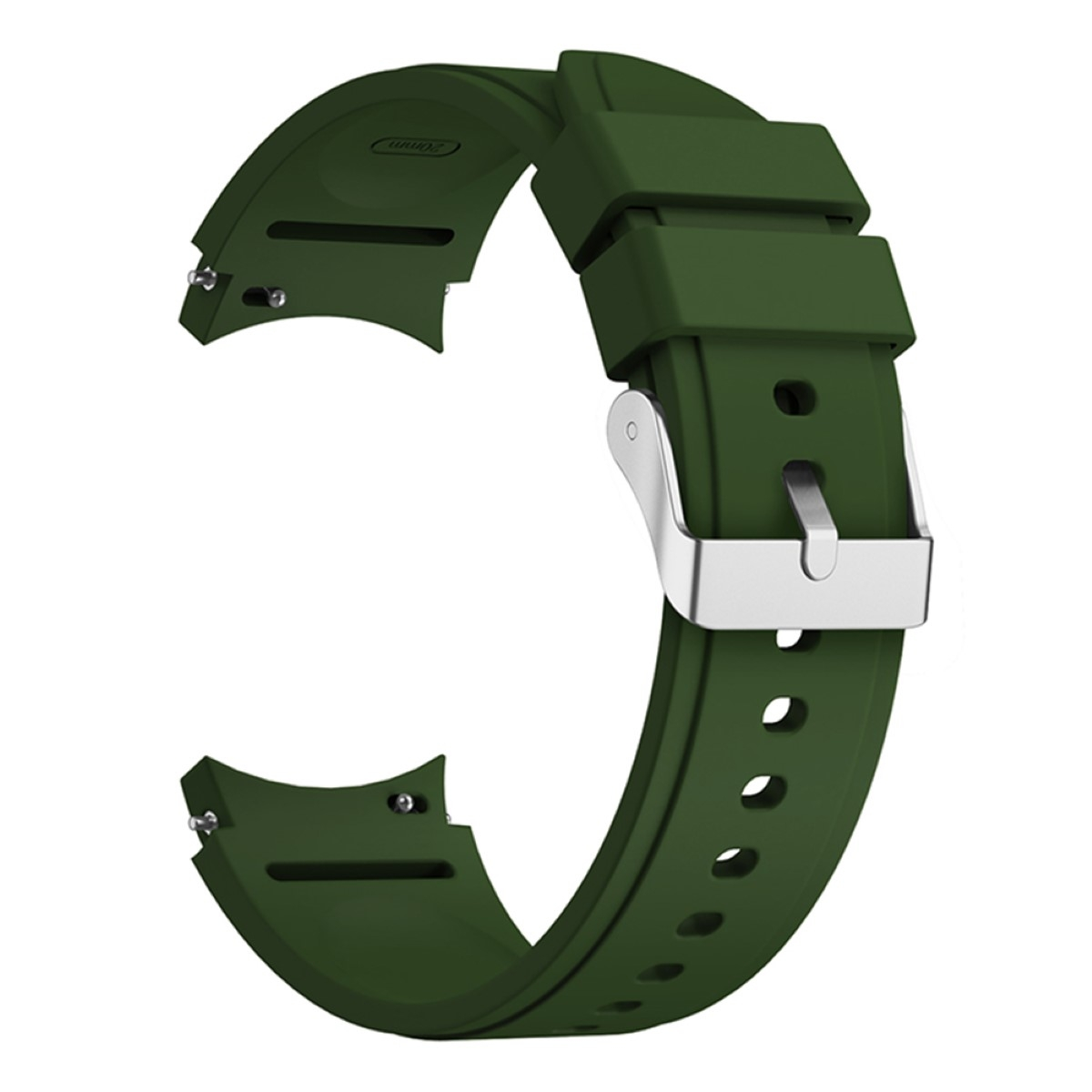 Grünes Uhrenarmband mit einer silbernen Schnalle. Das Armband besteht aus Silikon.