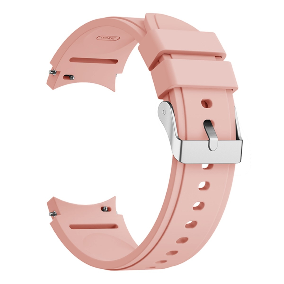 Rosa Uhrenarmband mit Schnalle, gebogener Form und strukturierter Oberfläche.