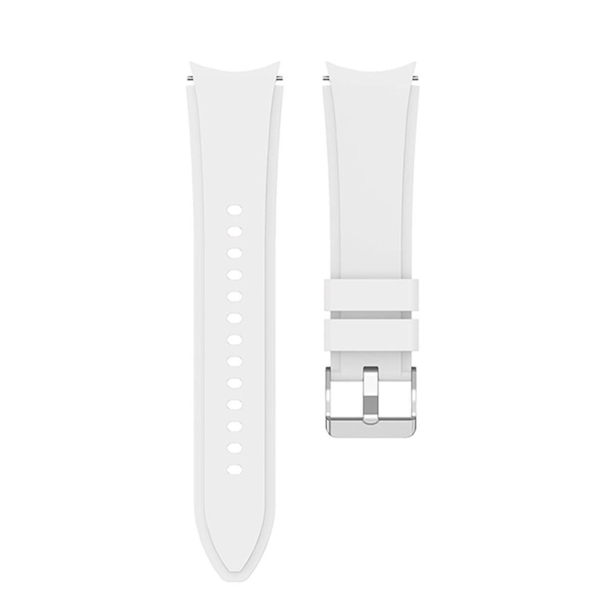 Zwei weiße Uhrenarmbänder auf weißem Hintergrund. Eines hat Löcher, das andere eine Schnalle.