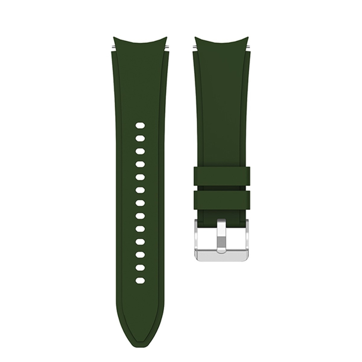 Zwei dunkelgrüne Uhrenarmbänder mit silberner Schnalle, isoliert auf Weiß. Eines hat Löcher.
