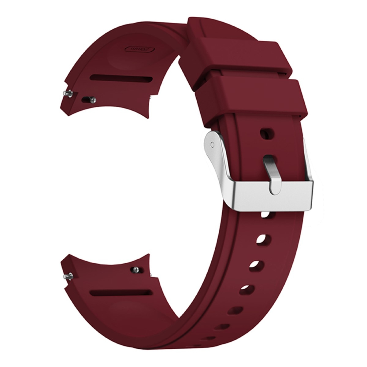 Ein weinrotes Uhrenarmband mit silberner Schnalle, das die Details und Befestigungspunkte zeigt.