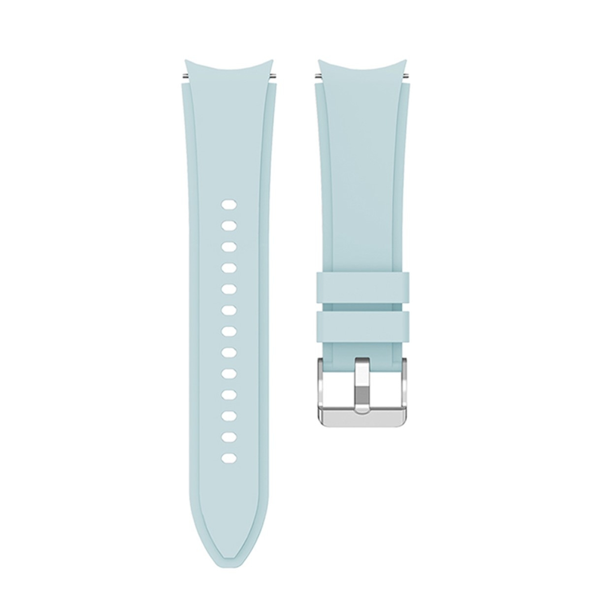 Zwei hellblaue Uhrenarmbänder. Eines ist ein Riemen, das andere hat Löcher und eine Schnalle.