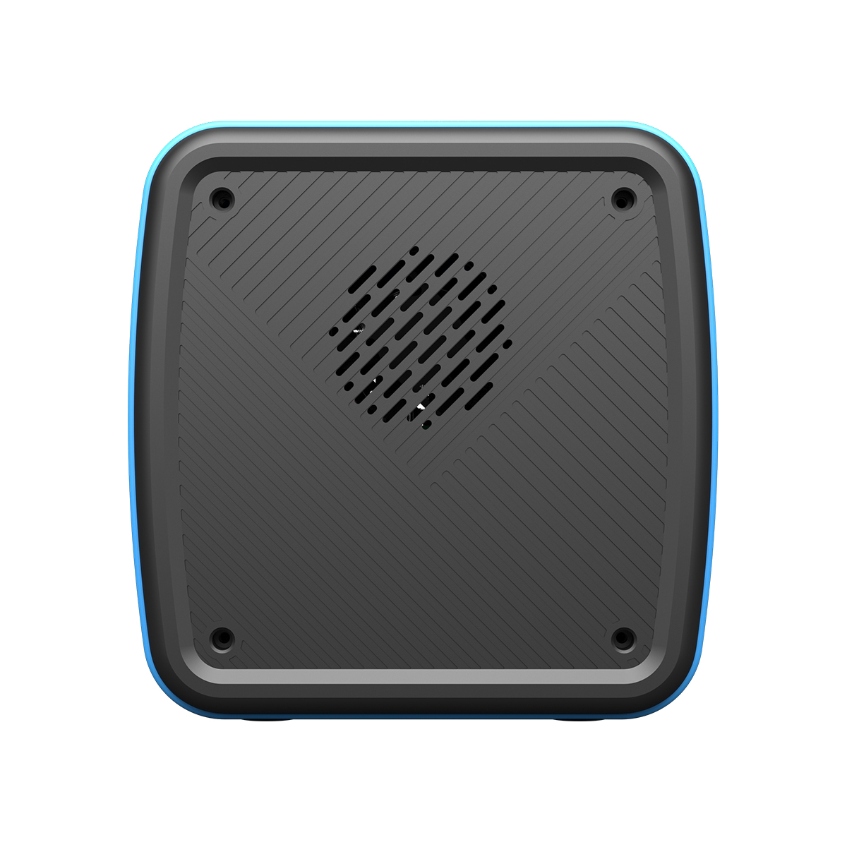 Blau-schwarzer Lautsprecher mit perforiertem Design und Lautsprechergitter.