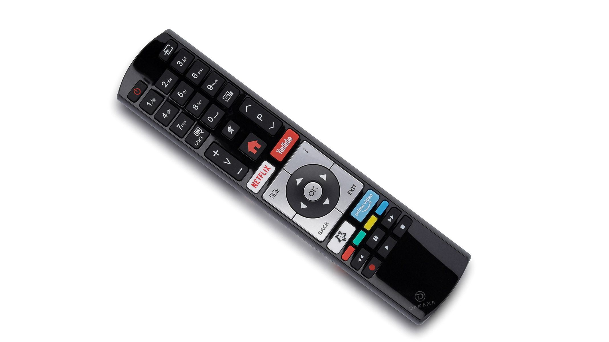 Schwarze TV-Fernbedienung mit verschiedenen Tasten auf weißem Hintergrund.