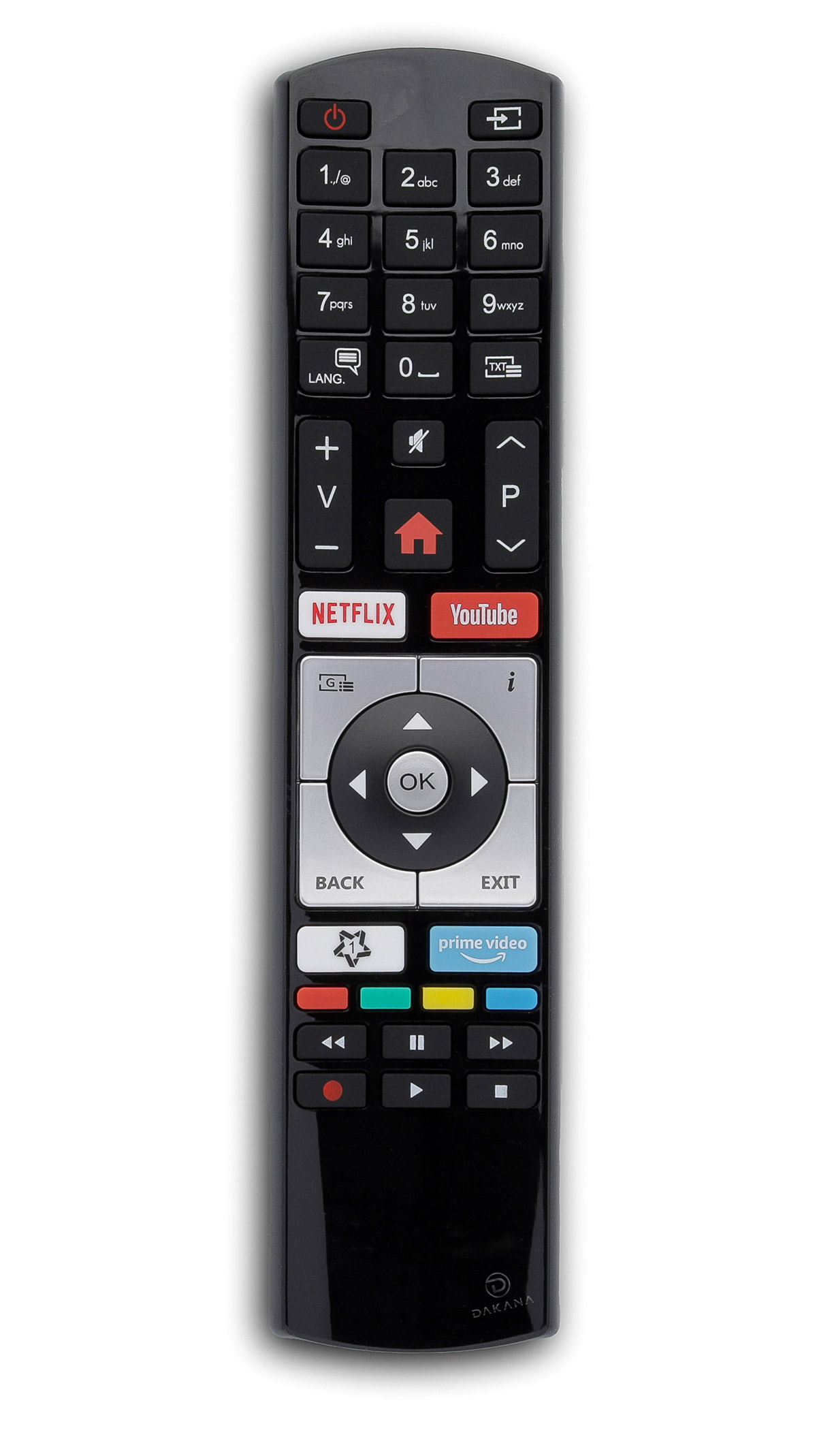 Schwarze Fernbedienung mit Tasten für Netflix, YouTube und andere Streaming-Dienste. Weißer Hintergrund.
