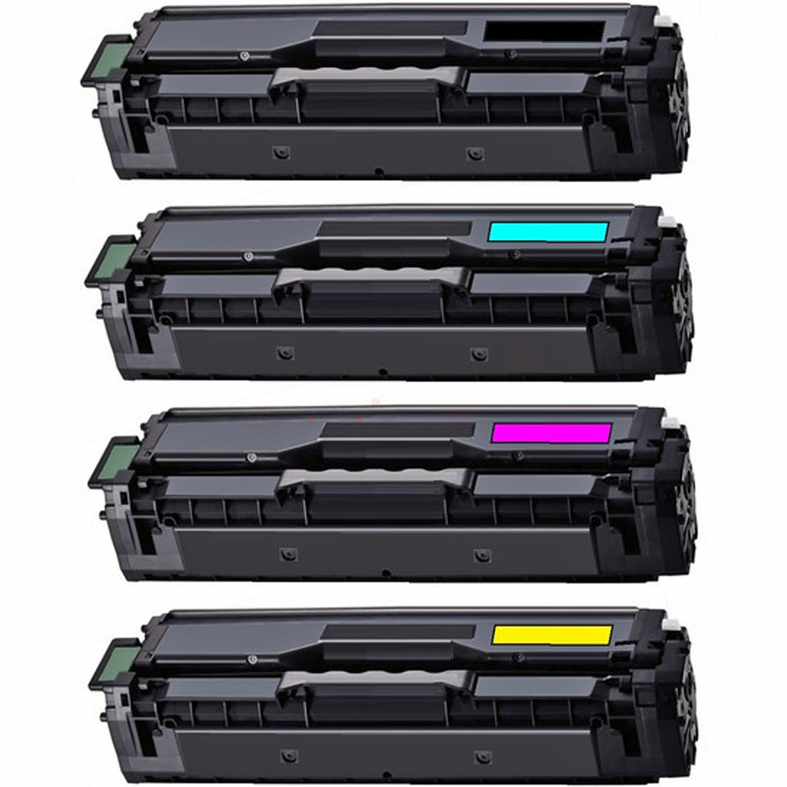 Vier schwarze Druckertonerpatronen mit blauen, rosa und gelben Farbindikatoren.