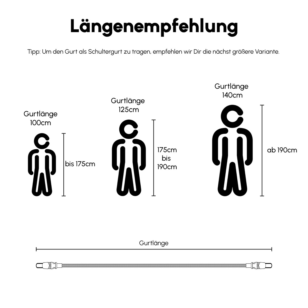 Strichzeichnungen zeigen Gürtellängenempfehlungen für verschiedene Größen.