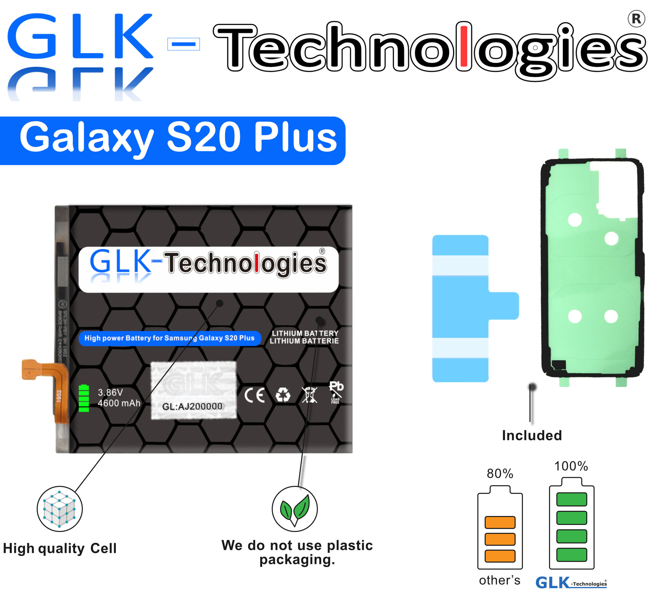 Lithium-Ionen-Akku 2x GLK-TECHNOLOGIES Galaxy 4600 inkl. Ersatzakku Samsung mAh S20+ Ersatz 4G/5G für Klebebandsätze Power PLUS Akku Smartphone High