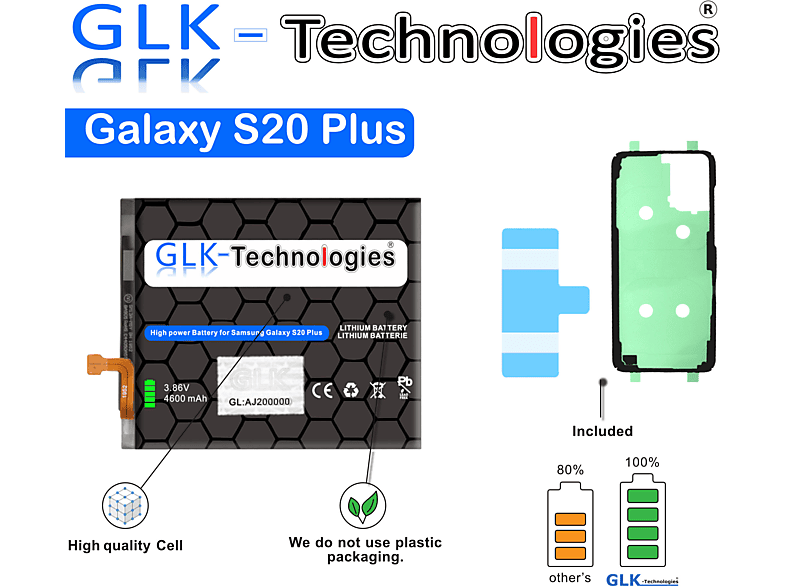 GLK-TECHNOLOGIES High Power Ersatzakku für Samsung Galaxy S20+ PLUS 4G/5G 4600 mAh inkl. 2x Klebebandsätze Lithium-Ionen-Akku Smartphone Ersatz Akku