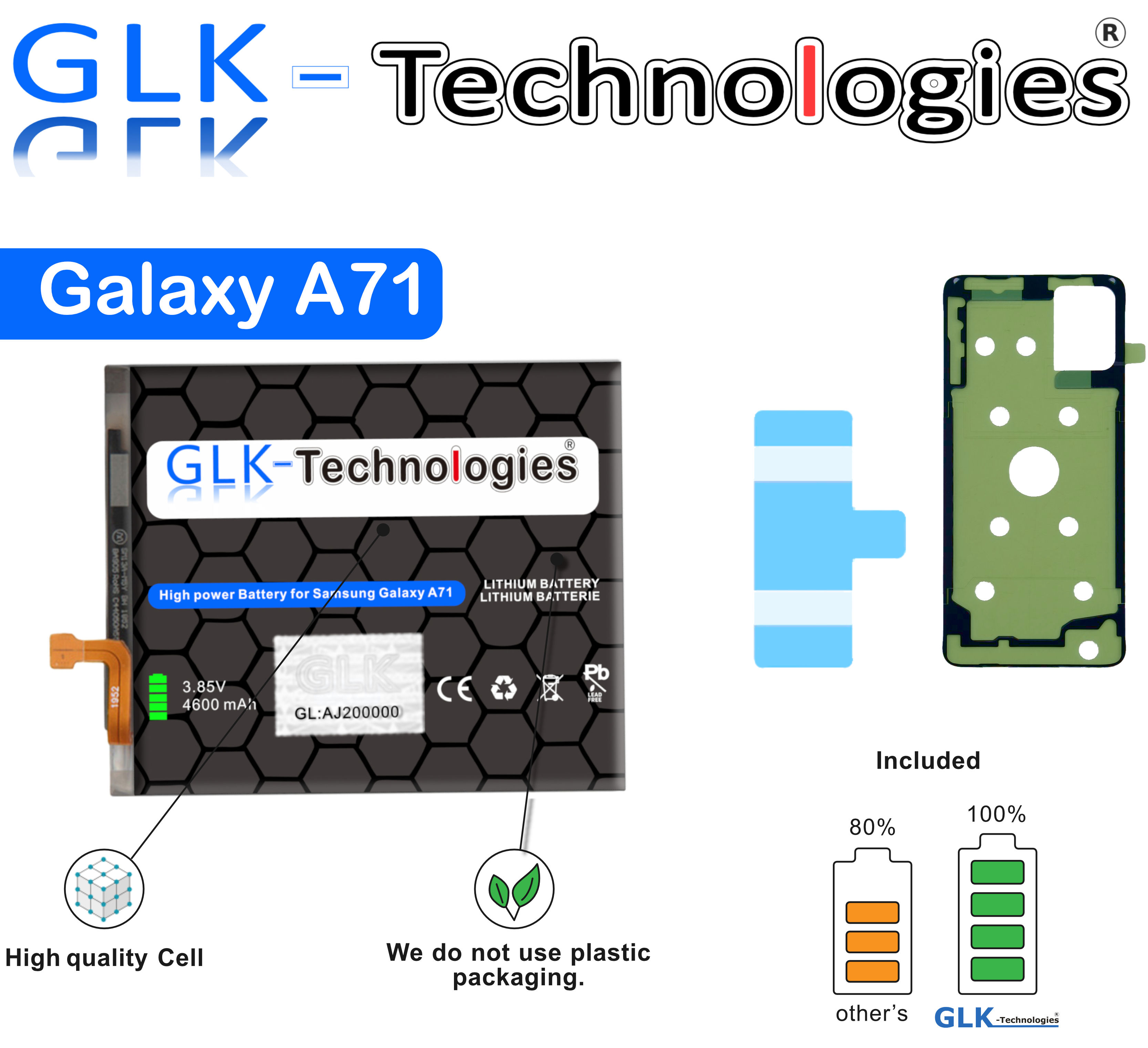 A71 Samsung 4600 Ersatz Smartphone für Klebebandsätze A715F inkl. High mAh Power Ersatzakku 2x GLK-TECHNOLOGIES Galaxy Lithium-Ionen-Akku Akku