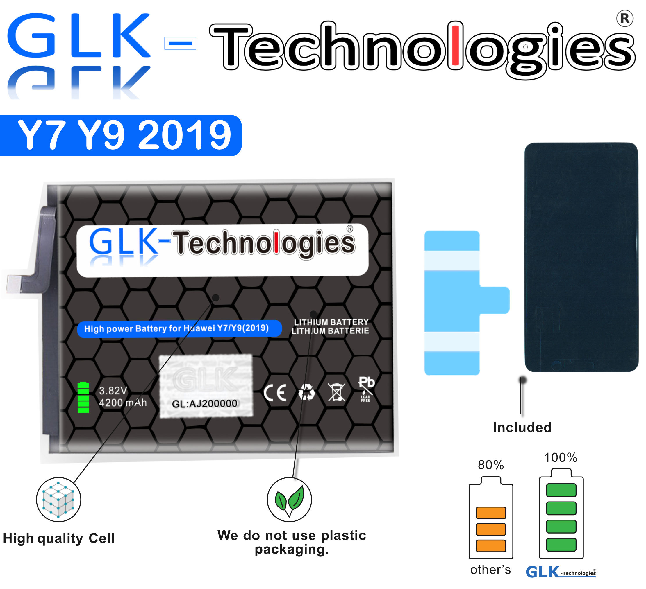 2019 Y9 Power Akku Lithium-Ionen-Akku Ersatz 2019 mAh Honor Klebebandsätze 4200 für 2x GLK-TECHNOLOGIES Y7 / inkl. Smartphone 8C / 2018 Ersatzakku High Y9