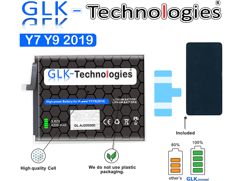 2019 Y9 Power Akku Lithium-Ionen-Akku Ersatz 2019 mAh Honor Klebebandsätze 4200 für 2x GLK-TECHNOLOGIES Y7 / inkl. Smartphone 8C / 2018 Ersatzakku High Y9