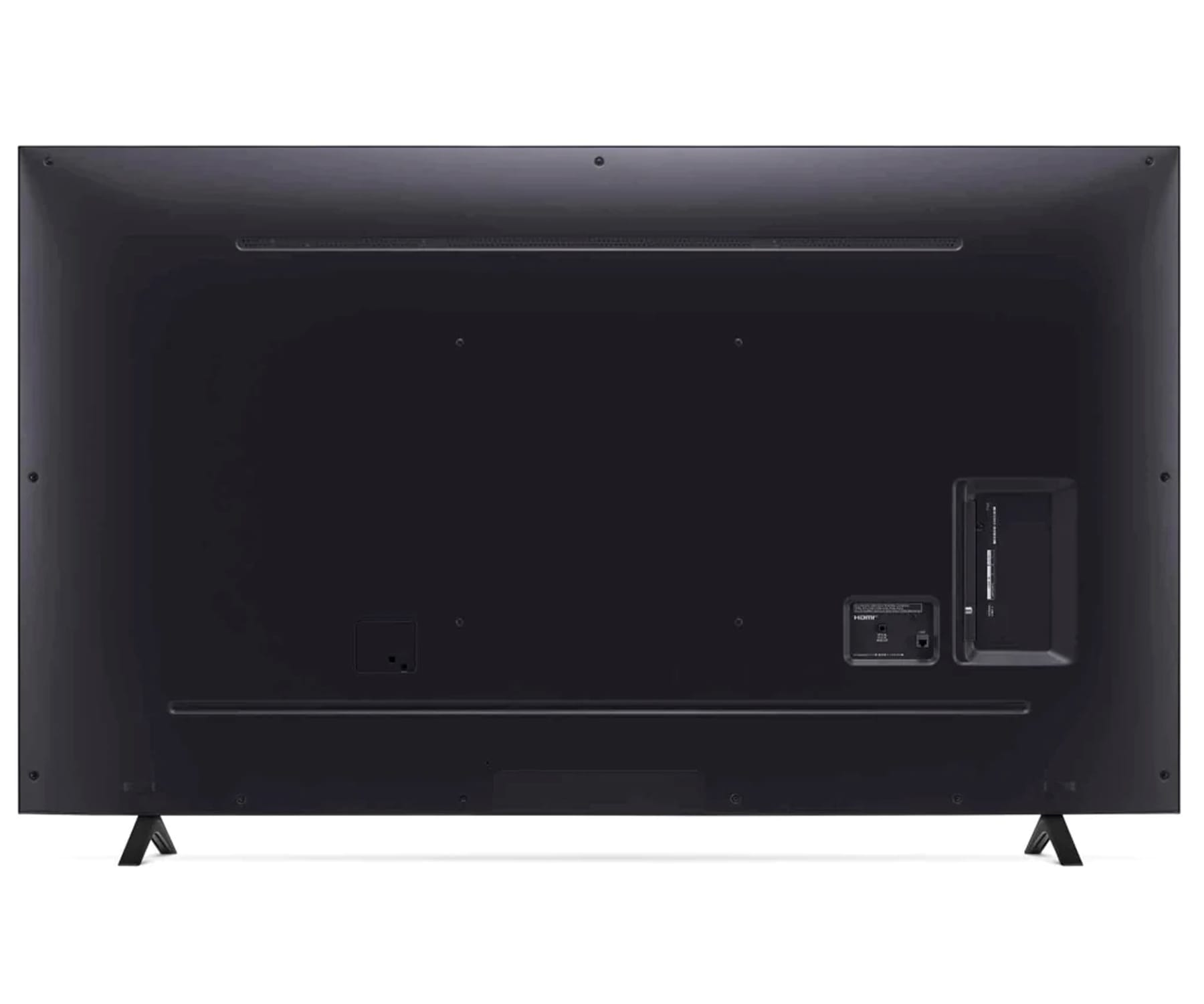 Tył czarnego telewizora LG. Widoczne porty. Czarny stojak. Na białym tle.