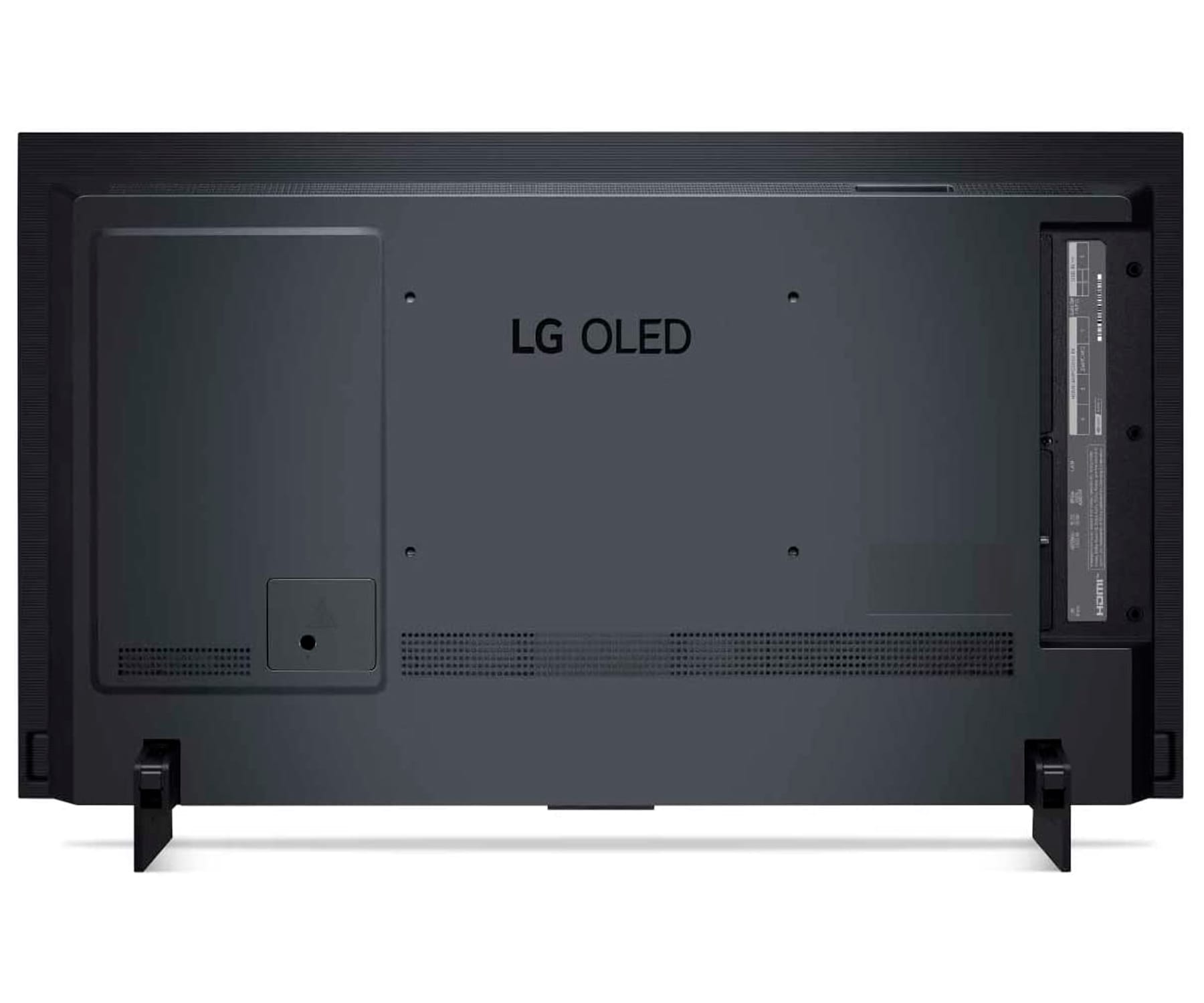 Tył czarnego telewizora LG OLED, ze stojakiem, portami i logo.