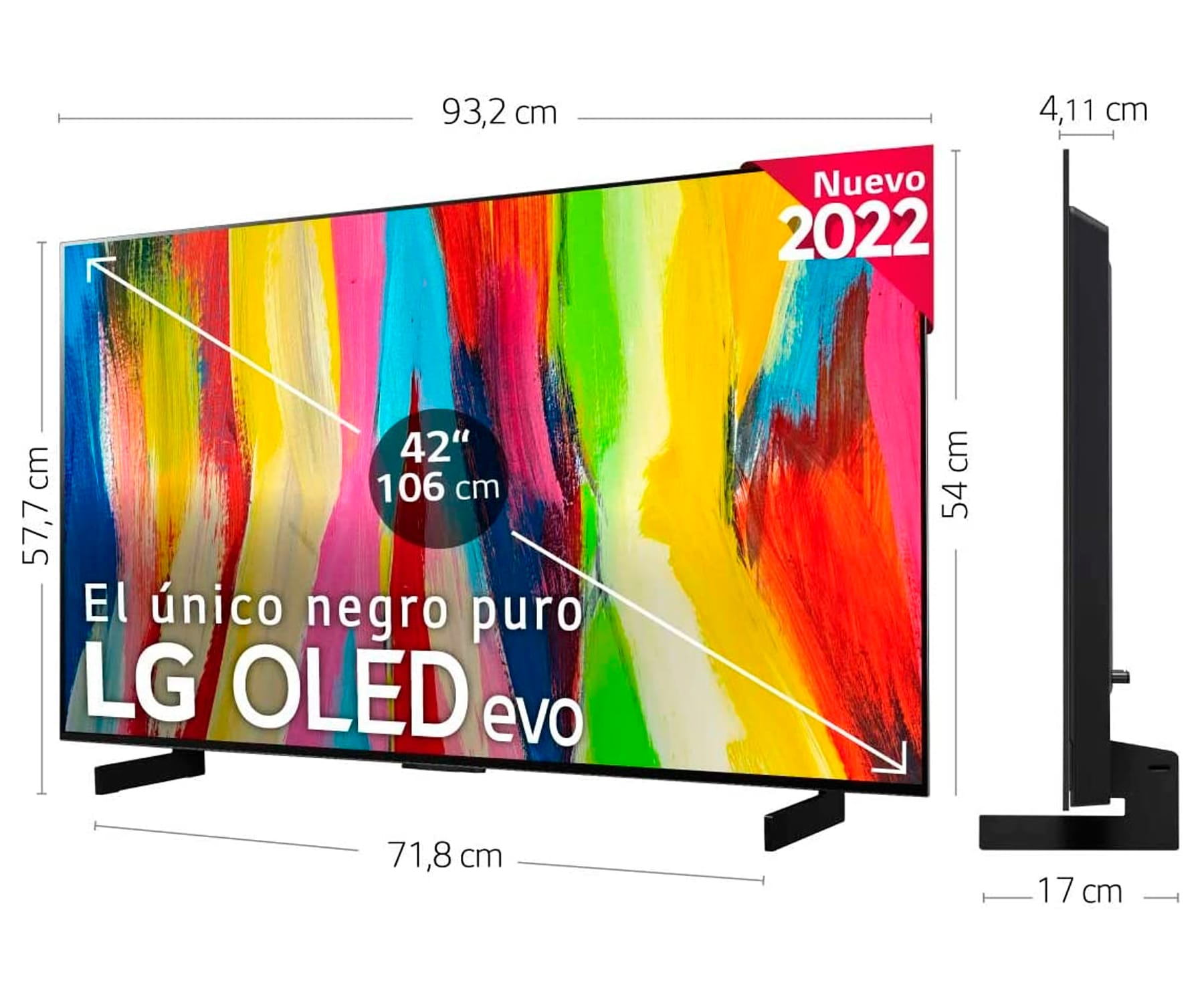 Telewizor LG OLED evo, 42 cale, z wymiarami i etykietami pomiarowymi.