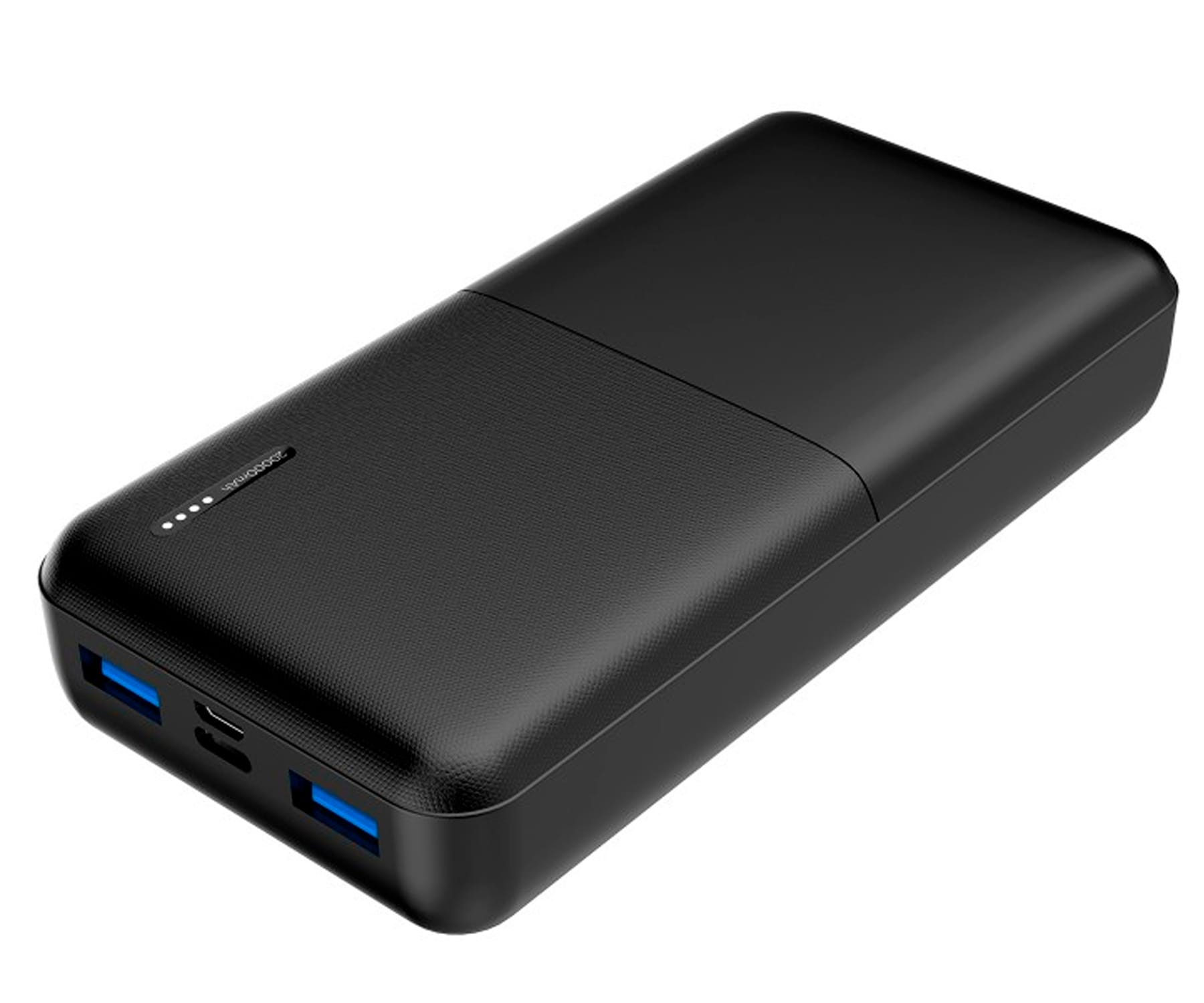 Power bank nero con due porte USB blu. Ha una parte superiore liscia e una inferiore strutturata.