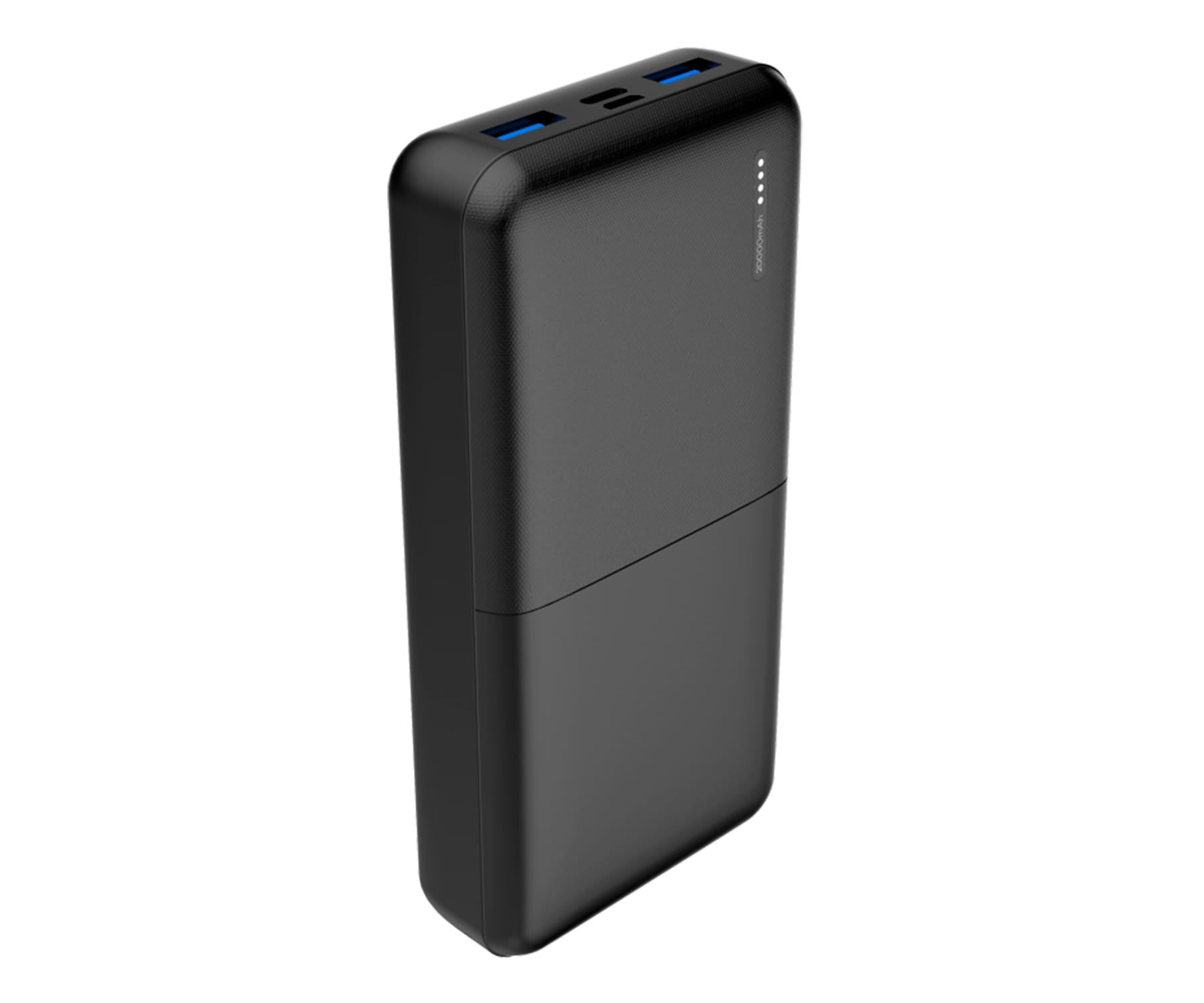 Un power bank nero con due porte e un indicatore della batteria.