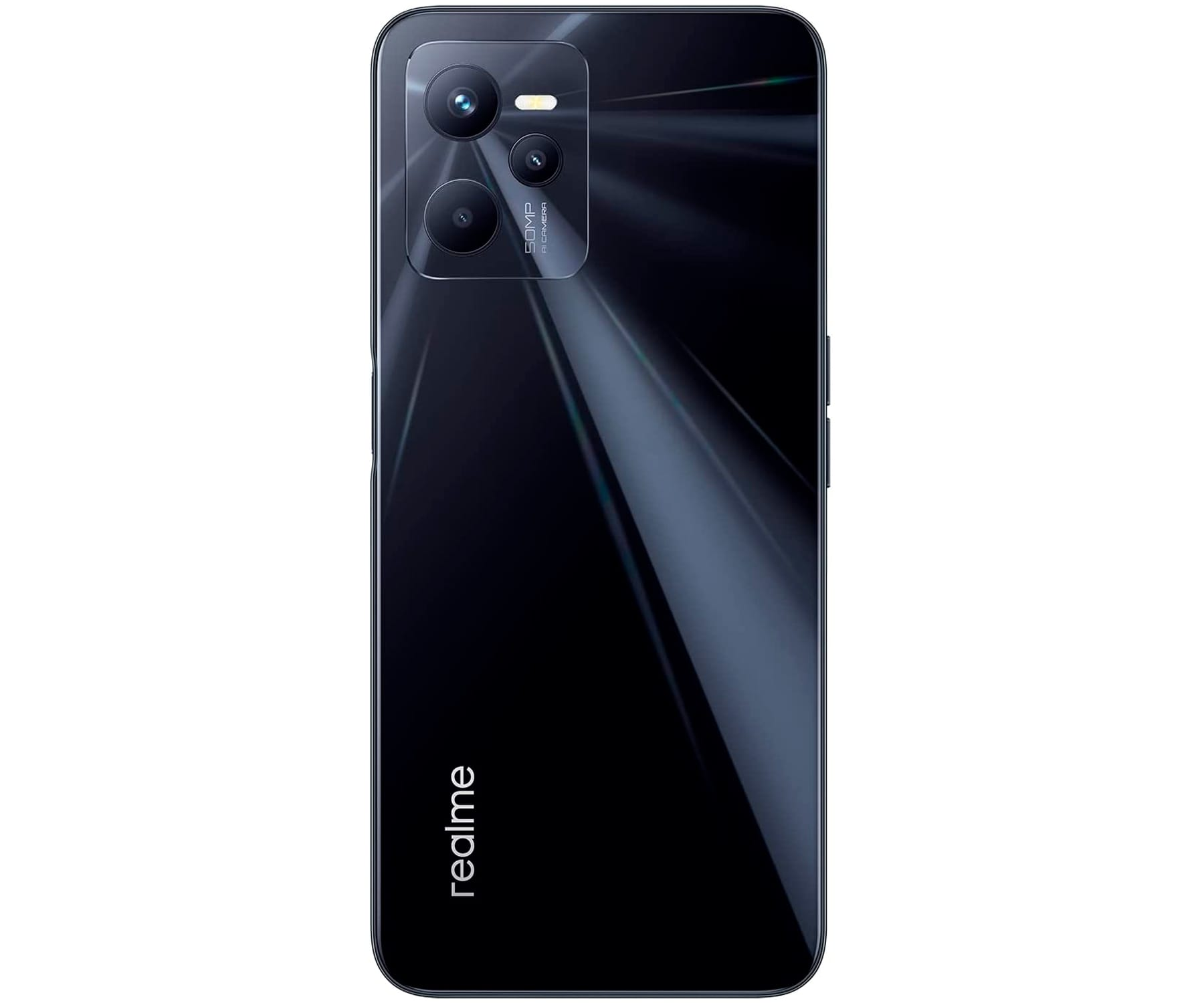 Czarny tył smartfona z aparatem i logo realme. Smugi światła wydobywają się z aparatu.