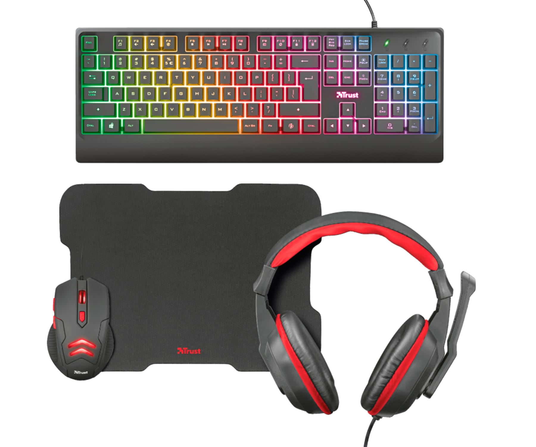 Juego de teclado, ratón y auriculares para juegos. Teclado con iluminación arcoíris. Ratón, alfombrilla y auriculares negros.