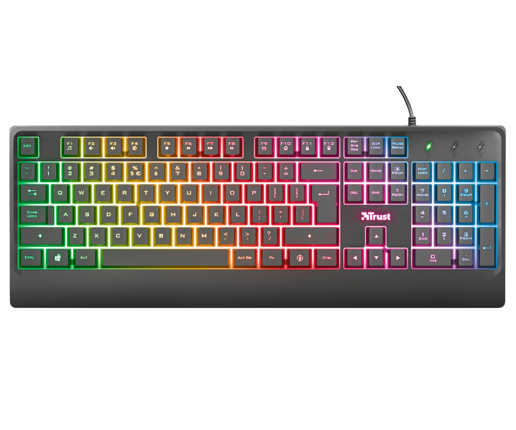 Teclado negro y colorido. Teclas retroiluminadas. Fondo blanco.