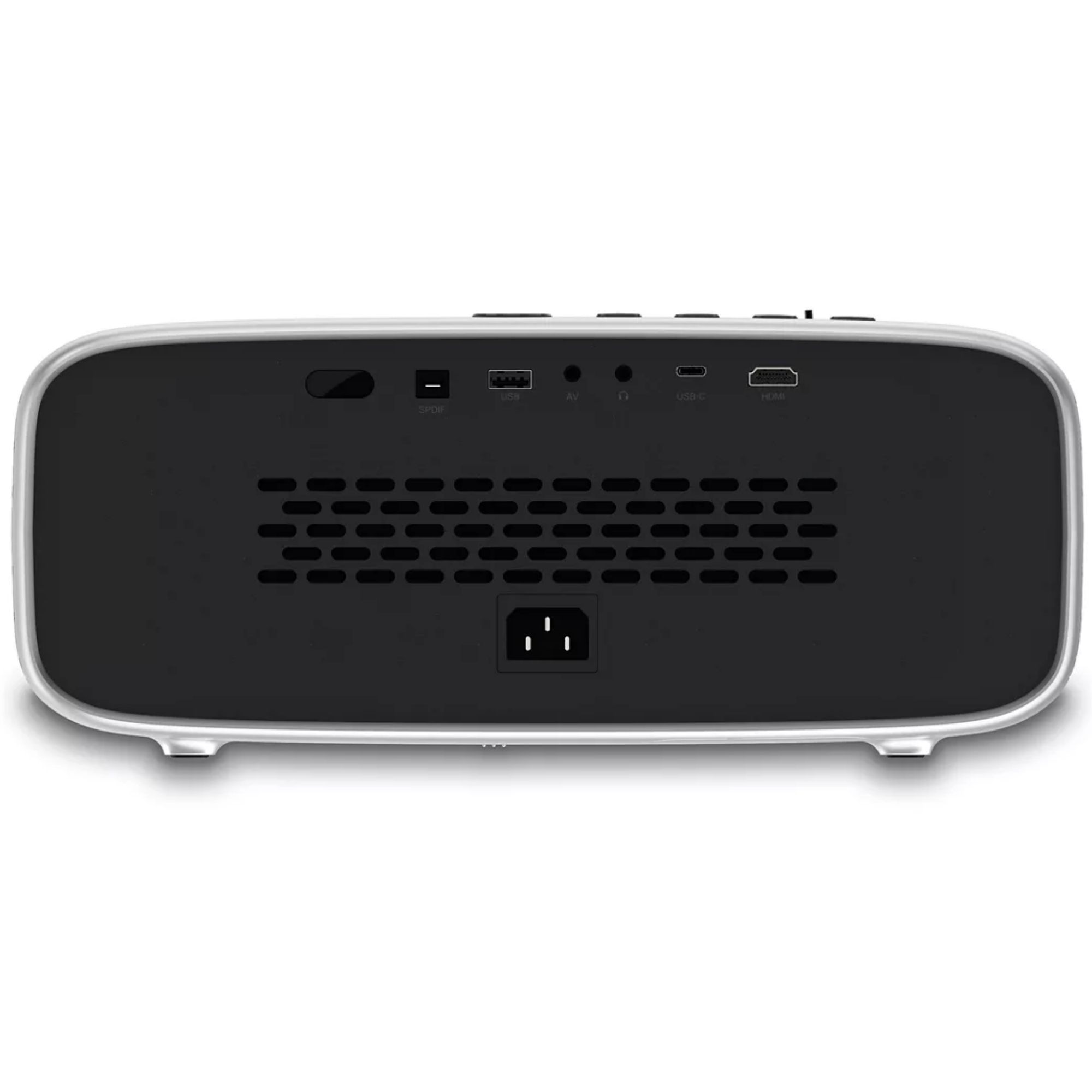 Widok z tyłu projektora, czarno-srebrny, widoczne porty. Białe tło.