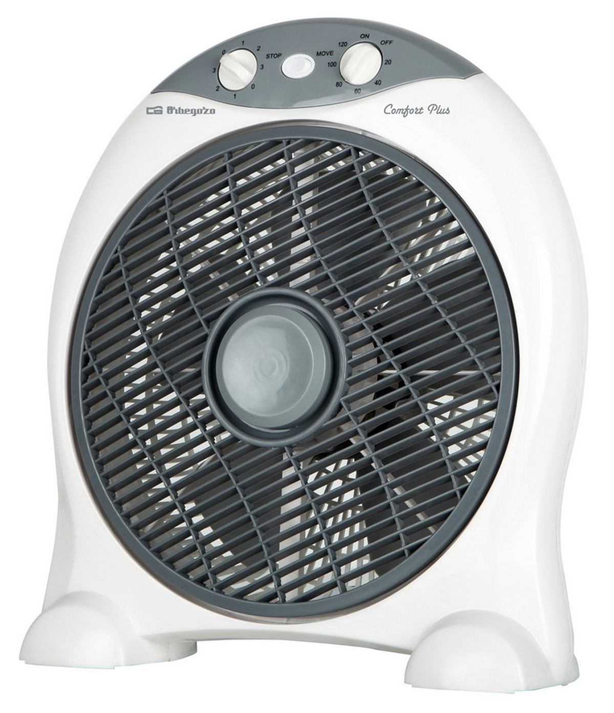 Biało-szary wentylator. Okrągła konstrukcja, szare łopatki i elementy sterujące na górze. Izolowany na białym tle.