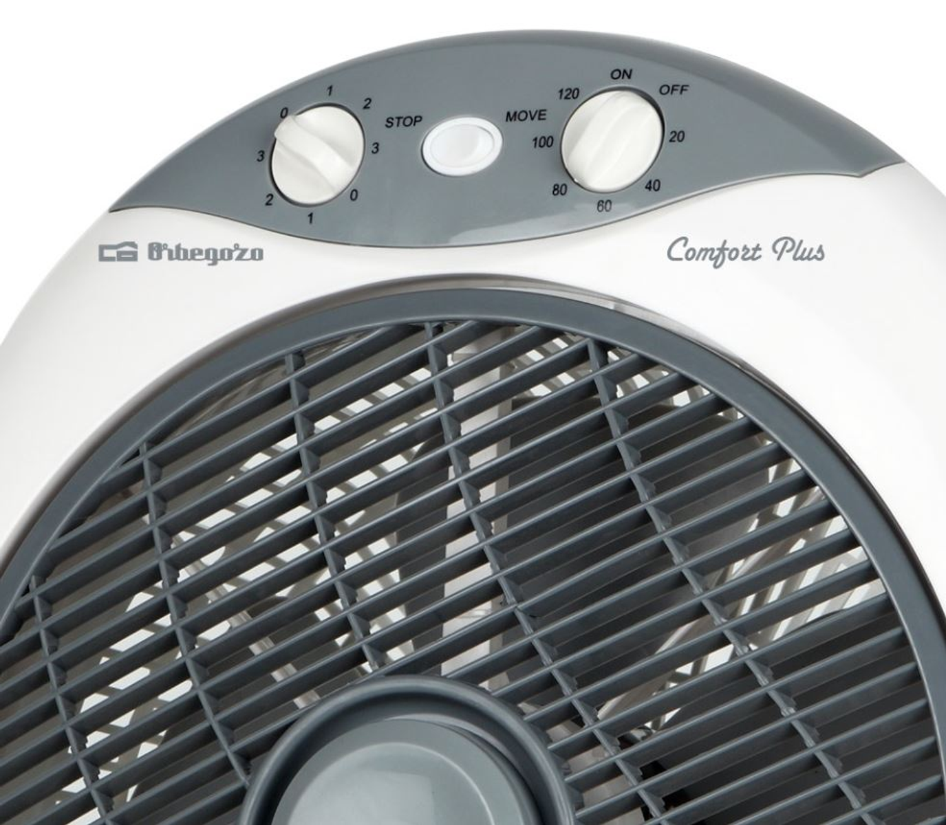 Zbliżenie białego i szarego wentylatora oscylacyjnego z pokrętłami sterowania i etykietą Comfort Plus.