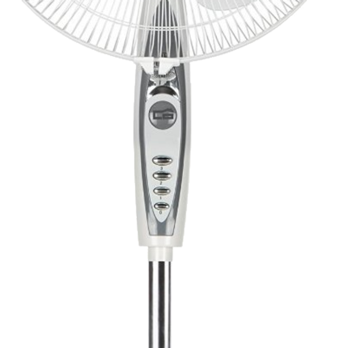 Ventilatore bianco e argento con pannello di controllo e supporto, sfondo nero.