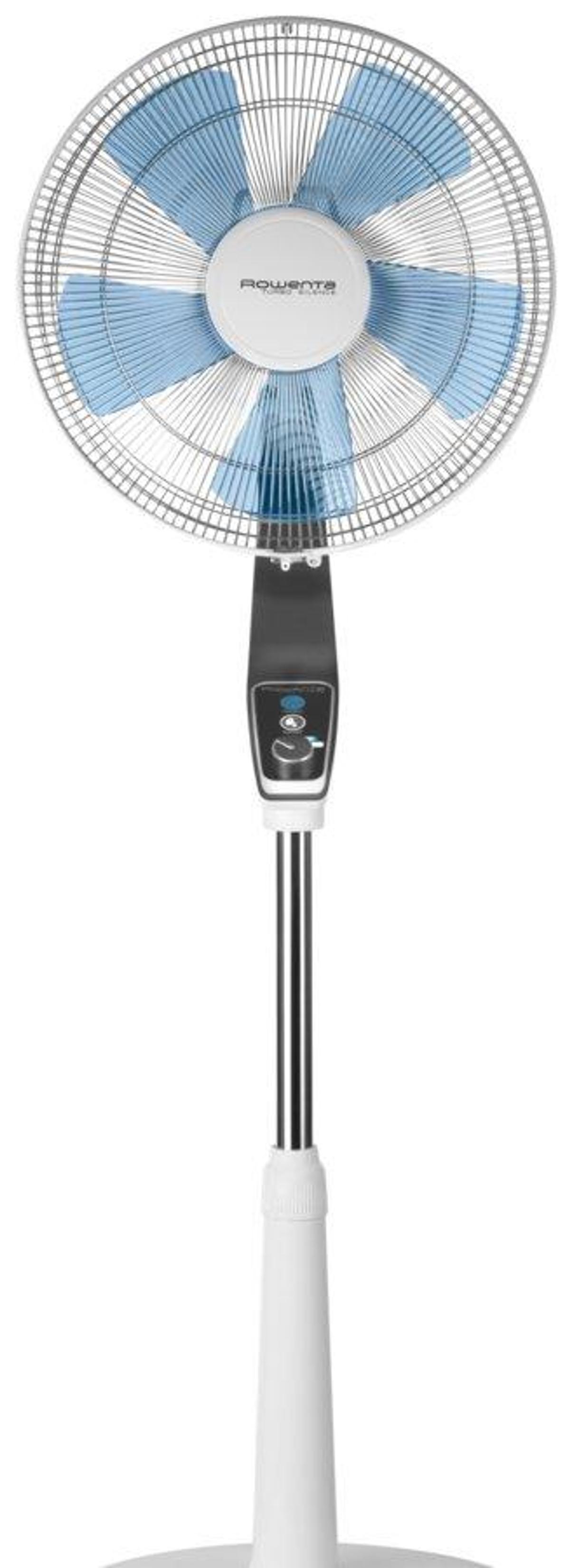 Biało-chromowany wentylator z niebieskimi łopatkami. Wentylator ma okrągłą głowicę i białą podstawę.