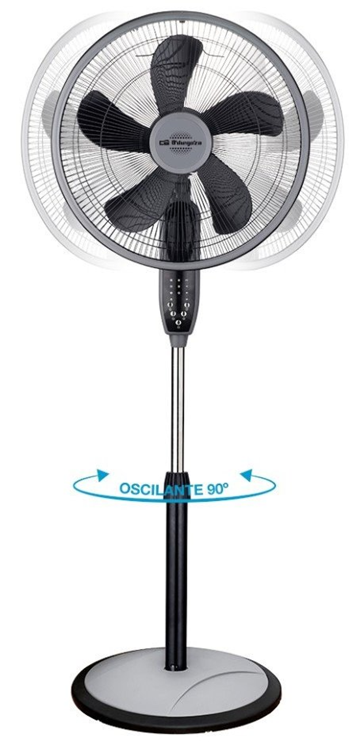 Czarny i szary wentylator kolumnowy z oscylacją. Pokazuje 90-stopniowy łuk oscylacji.