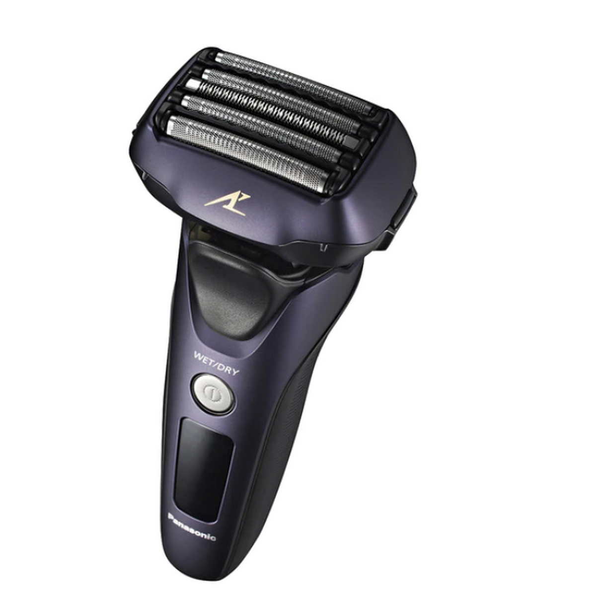 Nahaufnahme eines violett-silbernen Panasonic-Rasierers. Der Rasierer steht vor weißem Hintergrund.
