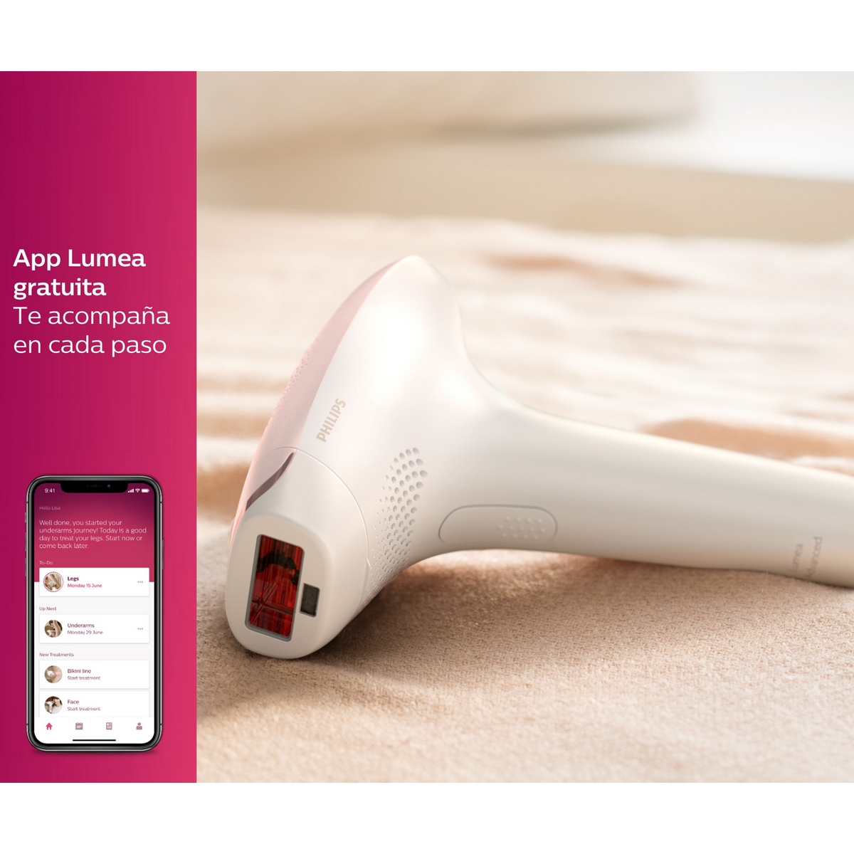 Dispositivo Philips Lumea blanco con teléfono mostrando interfaz de app, sobre tela clara.