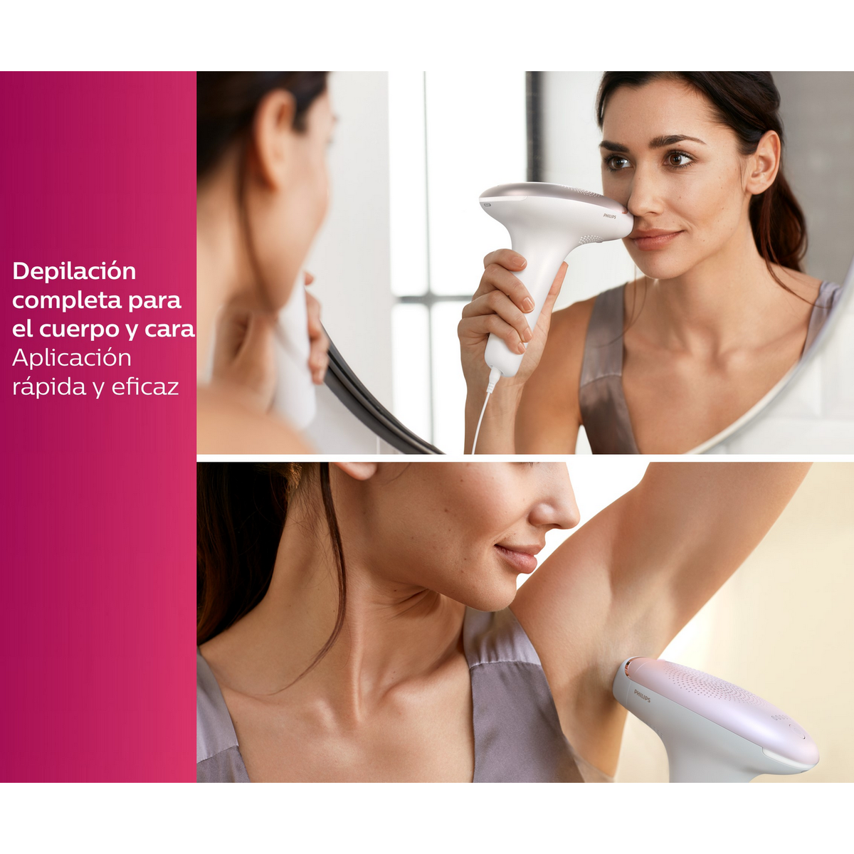 Mujer usando un dispositivo Philips para depilación en rostro y axilas.