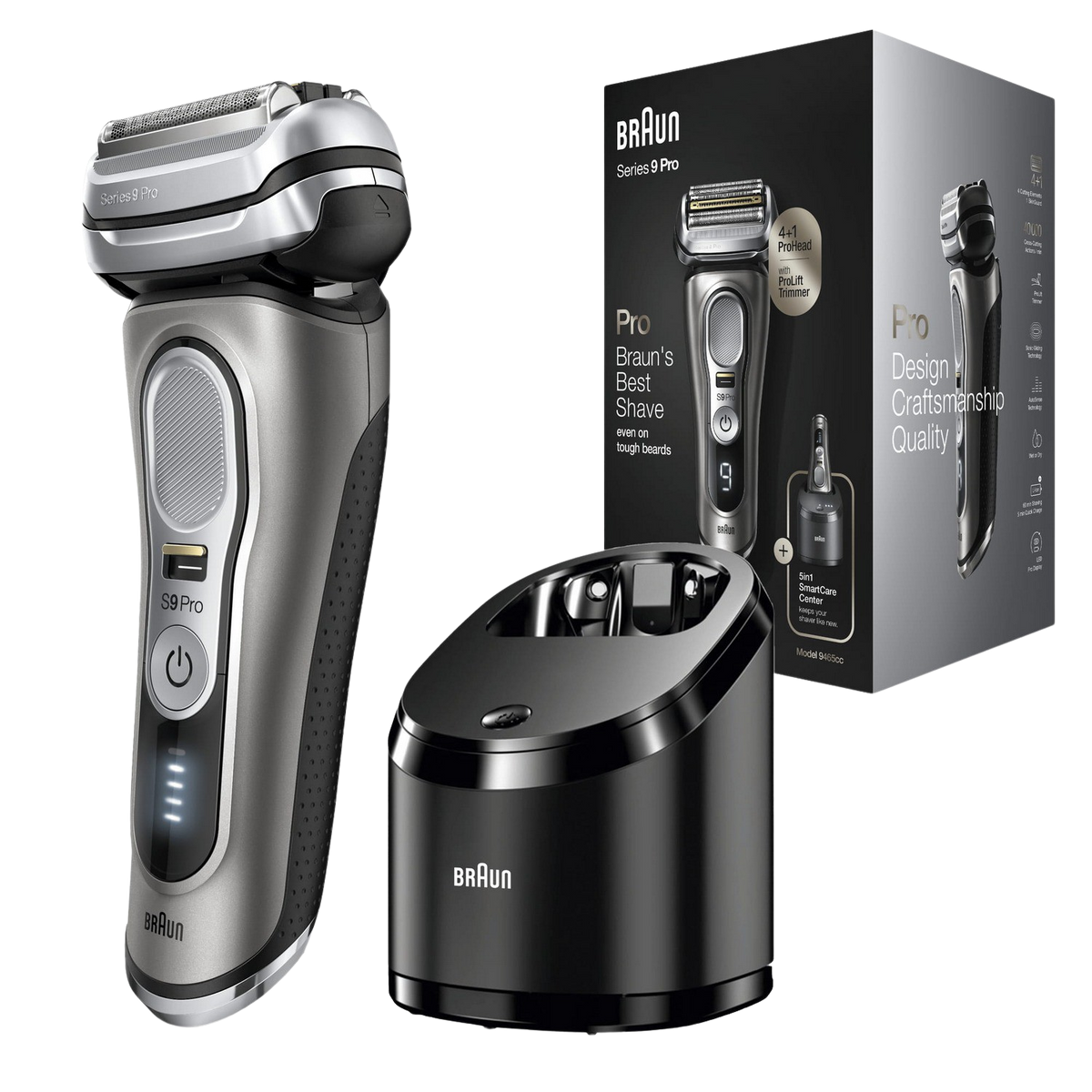 Braun Series 9 Pro shaver, charging stand, and box, silver and black, on a dark background.