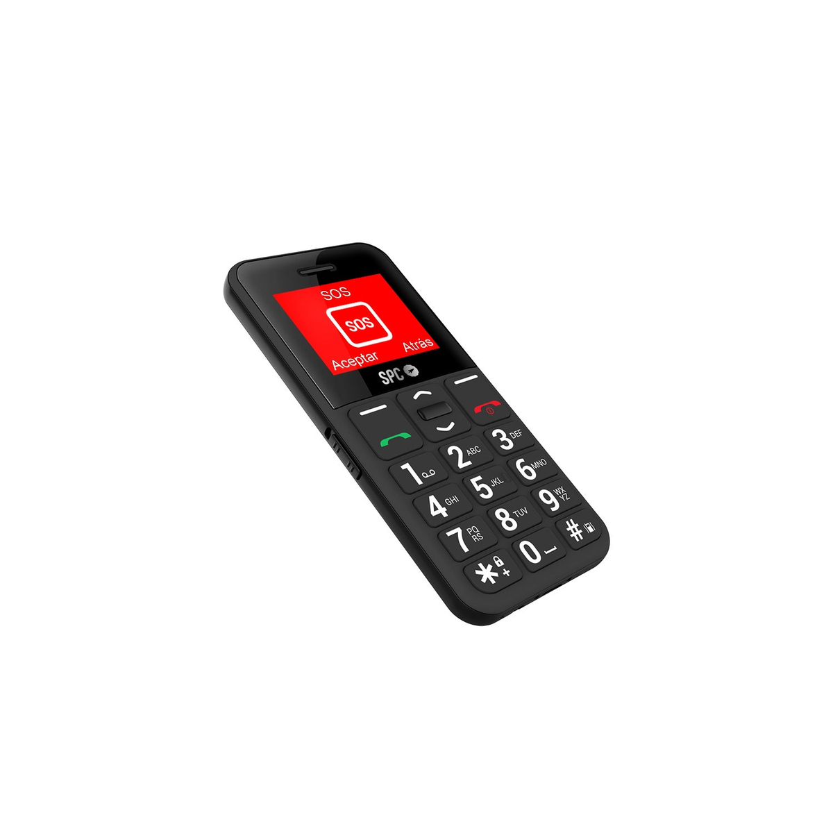 Schwarzes Mobiltelefon mit großen Tasten. Der Bildschirm zeigt 'SOS' und eine rote Taste mit Symbol.