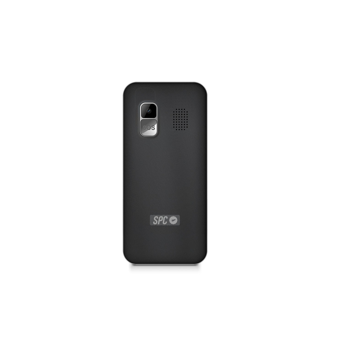 Ein schwarzes Telefon mit der Marke 'SPC' und einer SOS-Taste, vor weißem Hintergrund.