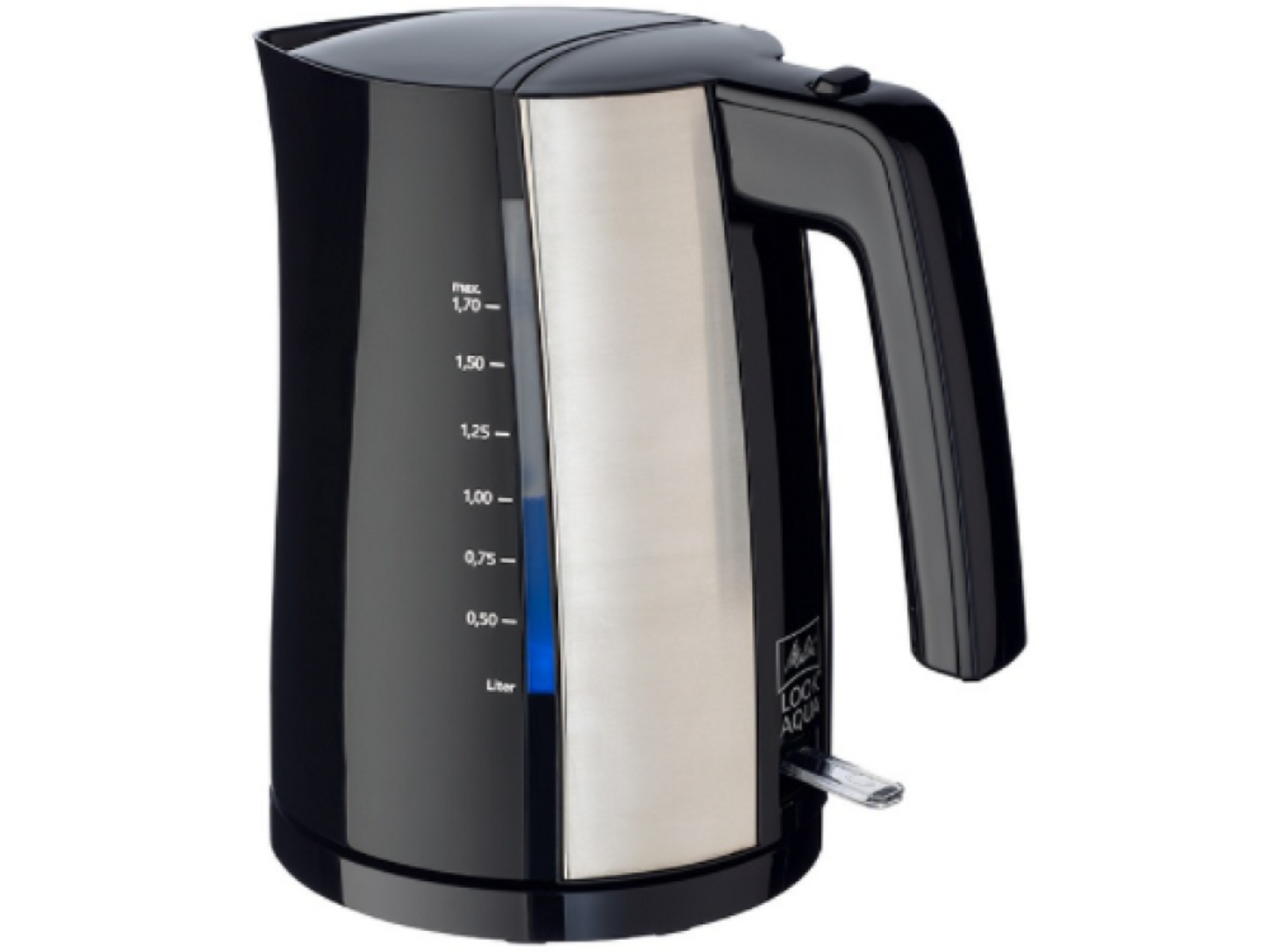 Czarny i srebrny czajnik elektryczny z uchwytem. Wskaźnik poziomu wody widoczny z boku.