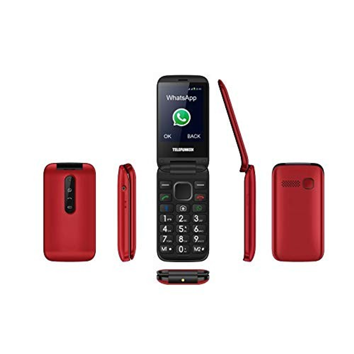 Teléfono rojo con tapa con pantalla negra mostrando WhatsApp. Se ven botones y números en el teclado.