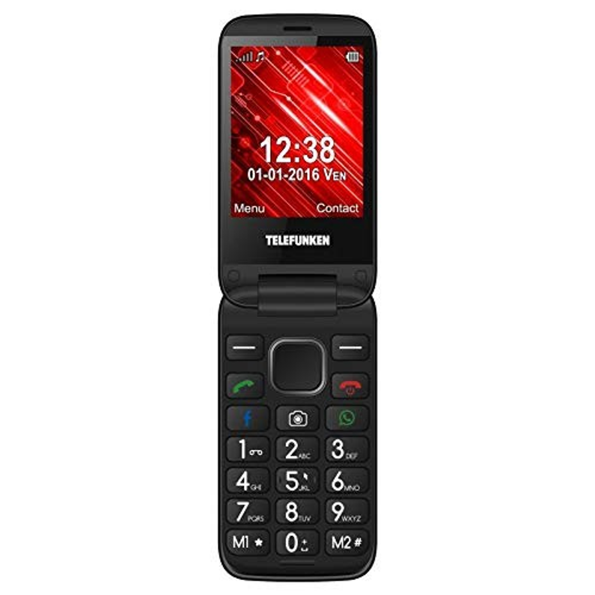 Teléfono plegable Telefunken negro, abierto. Muestra la hora y la fecha en una pantalla digital roja.