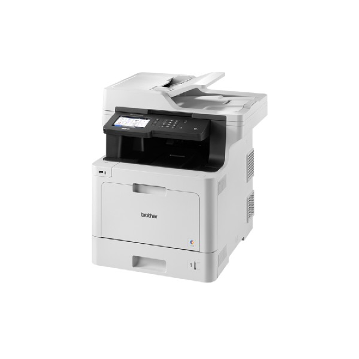 Witte Brother printer. Hij heeft een scherm en een papierlade. Geïsoleerd op een witte achtergrond.