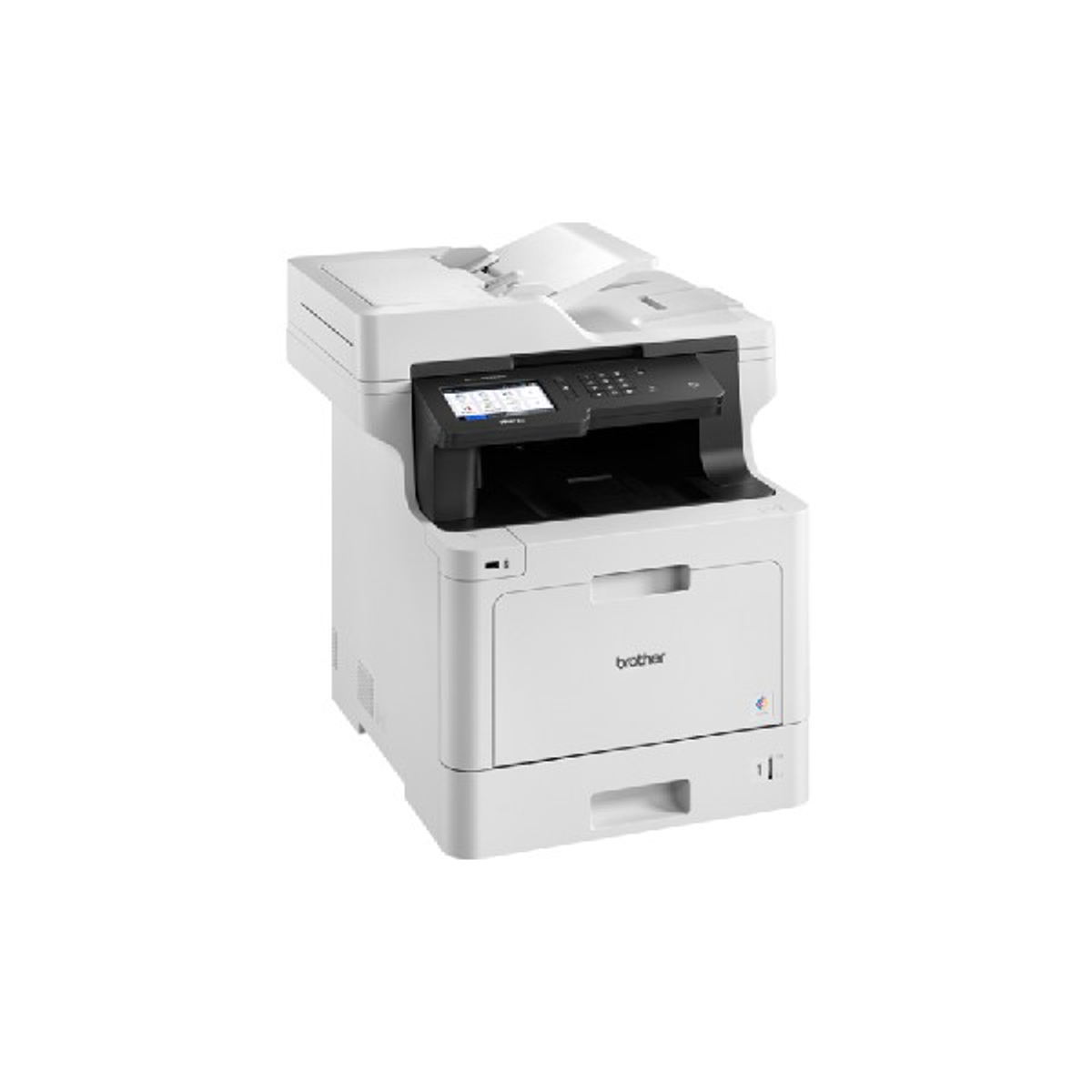 Witte Brother printer met zwart bedieningspaneel, voor kantoorgebruik, op een witte achtergrond.
