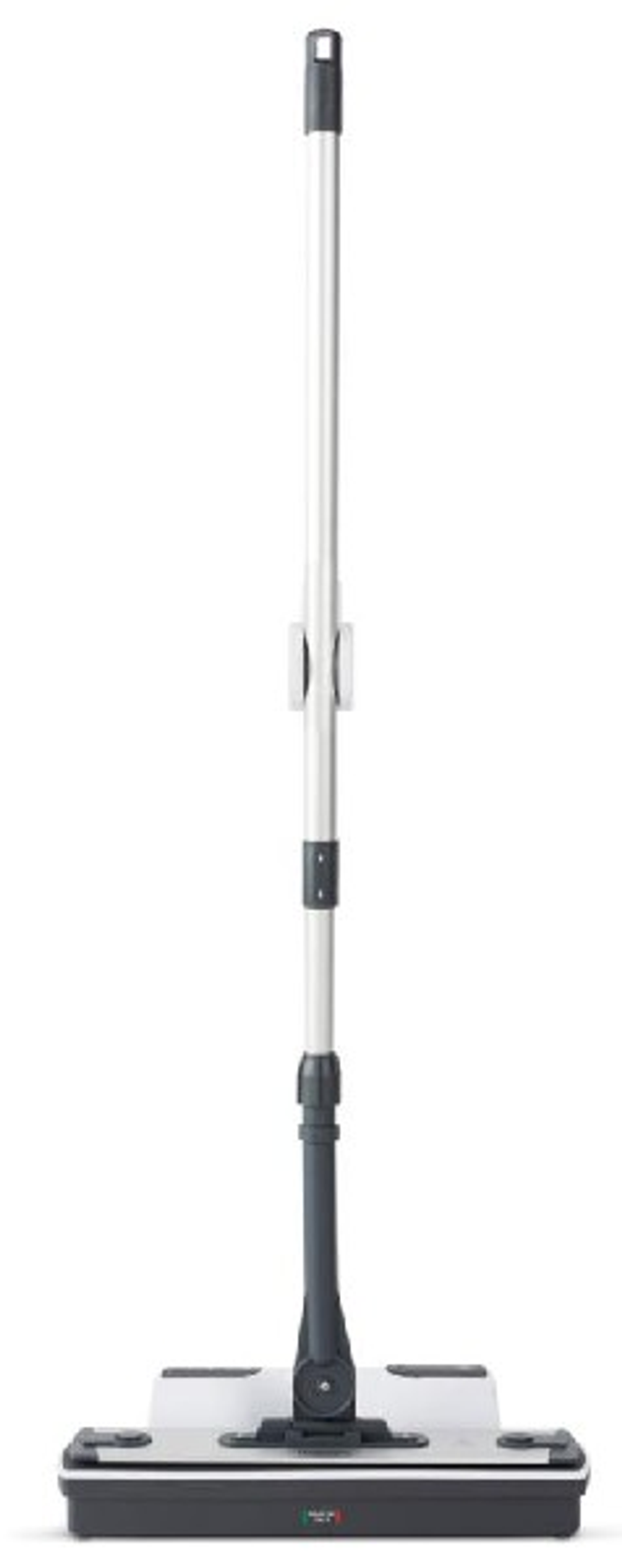 Biały i szary mop z długim uchwytem. Podstawa jest prostokątna. Białe tło.