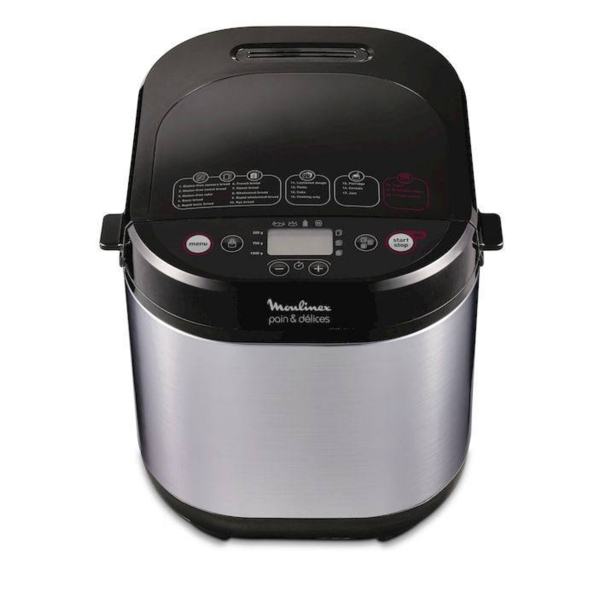 Czarno-srebrna maszyna do pieczenia chleba Moulinex z wyświetlaczem cyfrowym i przyciskami.
